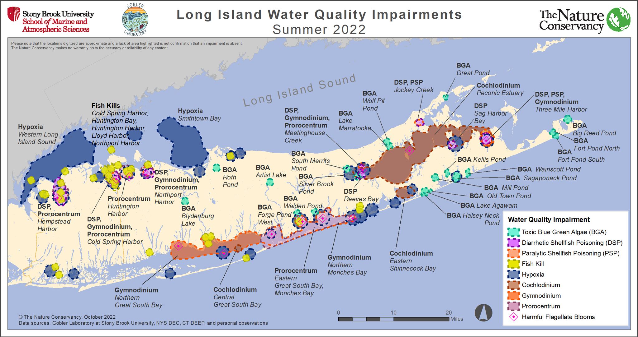 This map shows the many water quality impairments that occurred across Long Island in the Summer of 2022. The Gobler Lab at Stony Brook University monitors our waters and produces a new impairment map each year.