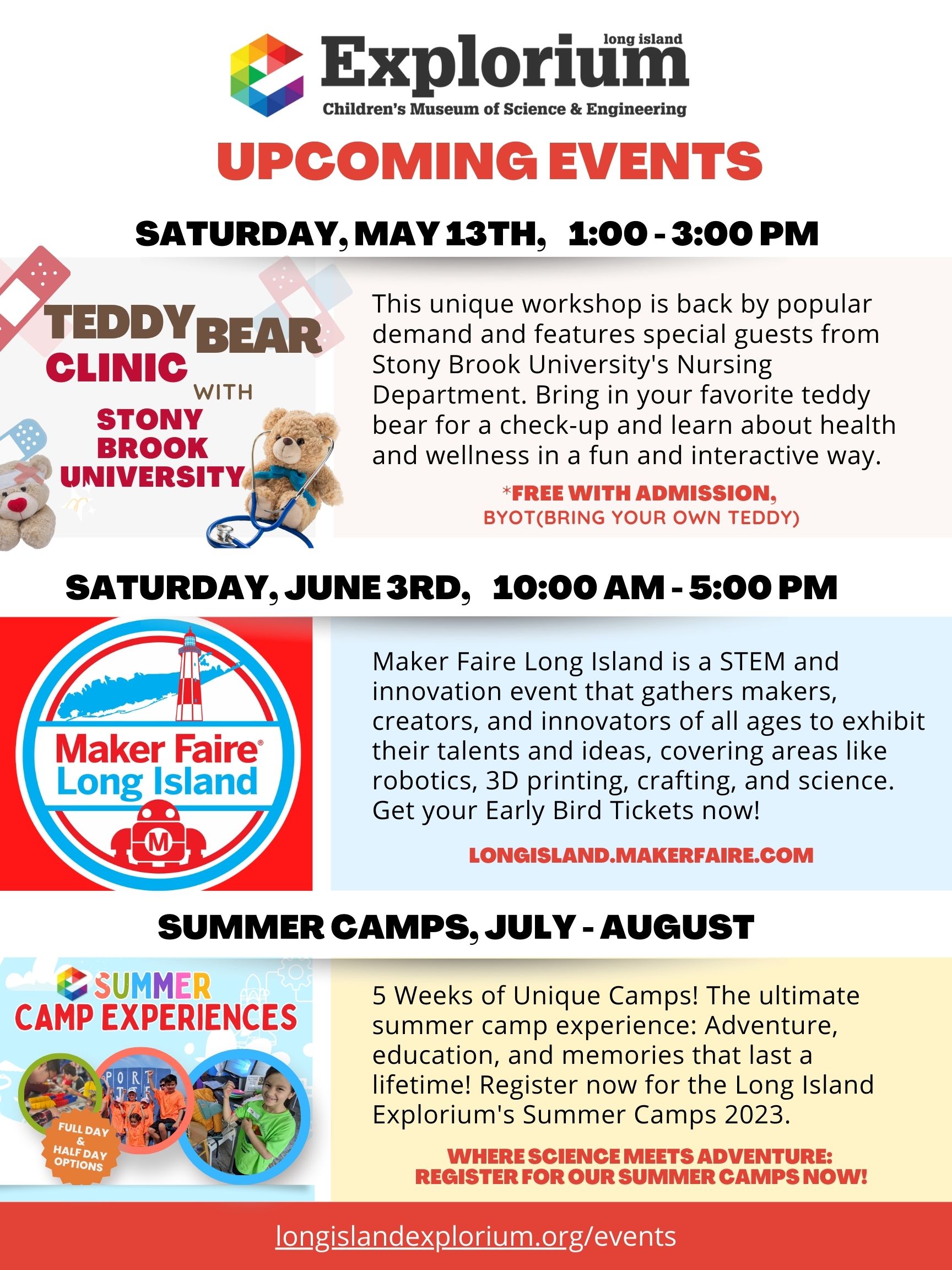 Upcoming Events at the Long Island Explorium for Print - Teddy Bear Clinic, Maker Faire, Summer Camps